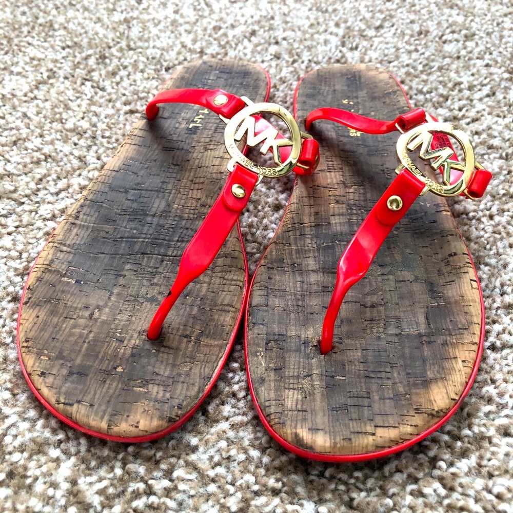 Michael Kors Red and Gold Cork Flip Flops